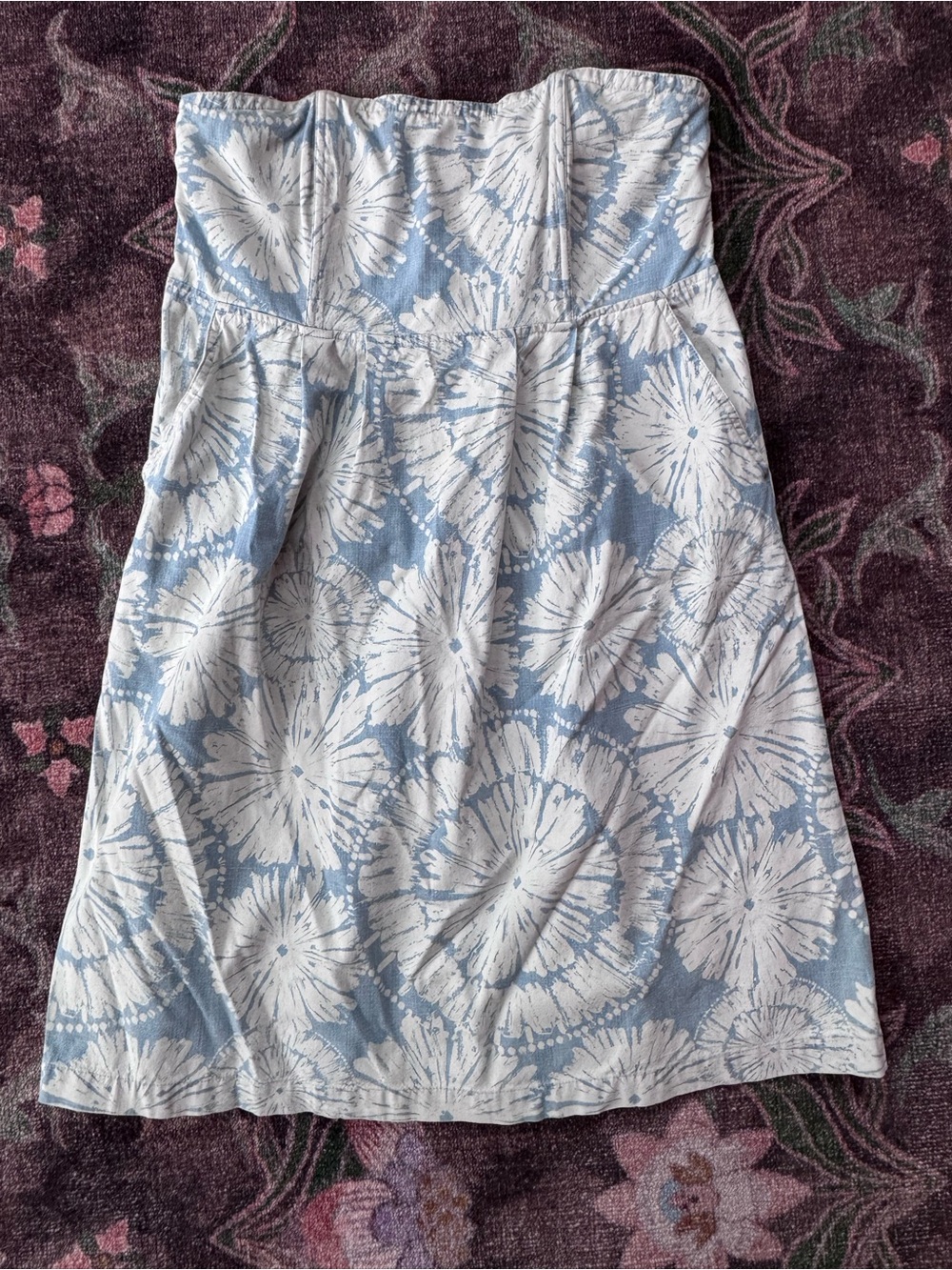 Fossil Strapless Women’s Light Blue & White Pattern Dress with Pockets - XL